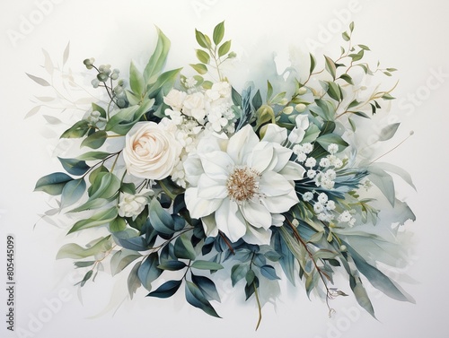 Graceful watercolor of a wedding bouquet, soft pastels accented by rich emerald leaves, set against a clean white canvas ,  against pur white background photo