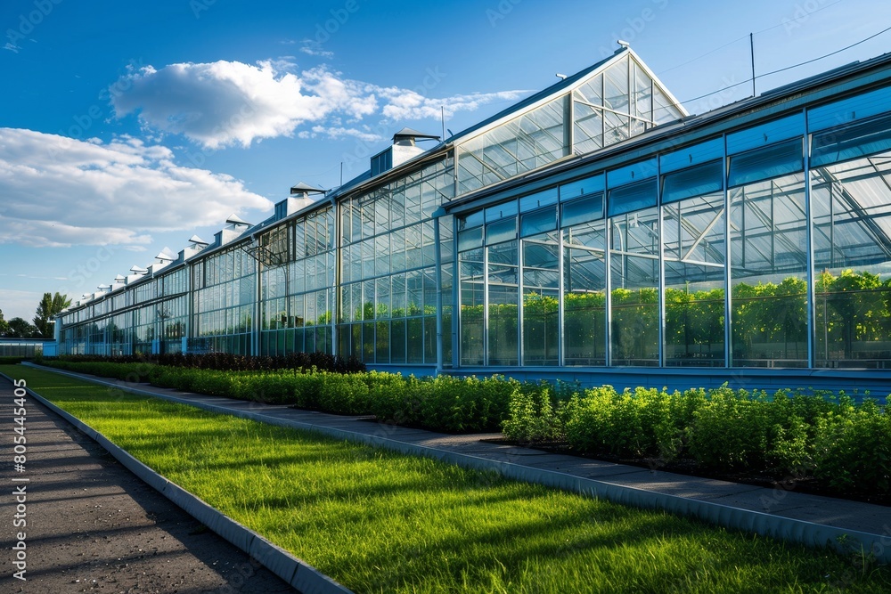 Glass greenhouse with green plants growing in it, outside view