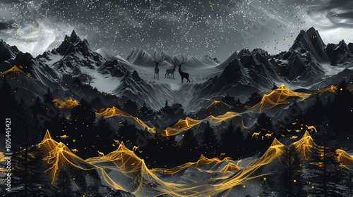 A strikingly detailed 3D wallpaper scene, portraying dark, formidable mountains under a star-lit gray sky, with deer silhouettes adding life to the scene, shadowy trees,