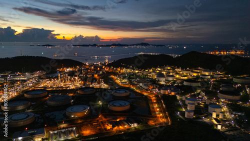 Aerial  view Industry Oil refinery oil and gas Business petrochemical industrial, Refinery oil and gas factory power and fuel energy, Ecosystem . Fuel refinery industry and port