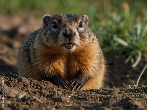 Groundhog coming out of its burrow. photo