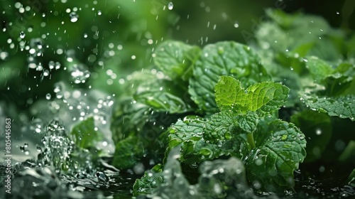 Crisp mint leaves captured in a refreshing splash of water, symbolizing freshness and natural flavor