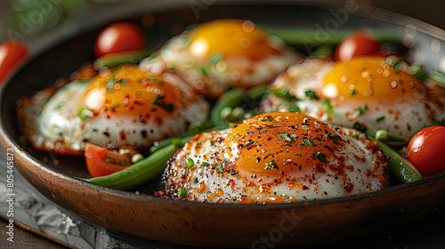 Fried eggs in a frying pan with tomatoes and green beans, with herbs and vegetables. photo