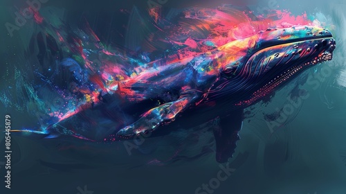 Vibrant abstract whale portrait infused with explosive colors and digital art flair, a stunning piece for modern decor