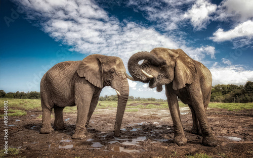 Two elephants in the savannah. Elephant couple