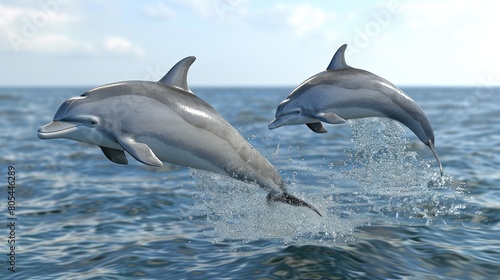 Two dolphins gracefully leaping above the ocean surface, creating a dynamic display of agility and playfulness against a blue sea backdrop. © Fostor