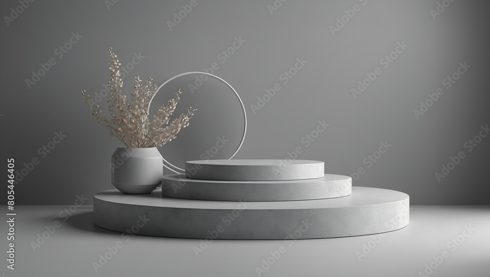 A gray pedestal with two tiers sits in a room with a gray wall. The pedestal is empty and he is a stage or a platform. The room has a minimalist and modern feel A gray pedestal with two tiers sits in a room with a gray wall. The pedestal is empty and he is a stage or a platform. The room has a minimalist and modern feel