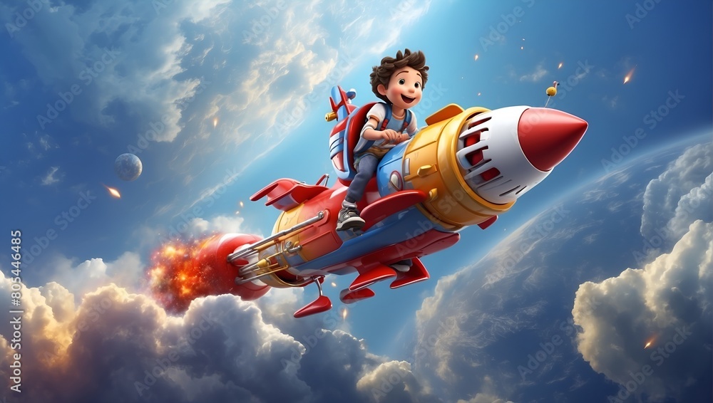 A boy is riding a rocket in the sky. The rocket is blue and red A boy is riding a rocket in the sky. The rocket is blue and red