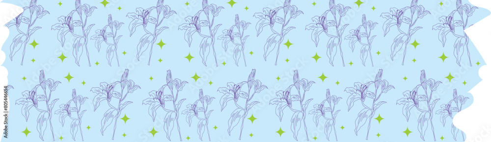 Flower blue washi tape on transparent background.
