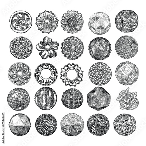Set of vintage style floral circular cast stone design elements. Marble rosettes drawing for fashionable pattern in black white for textile, scarves, backgrounds. Vector.