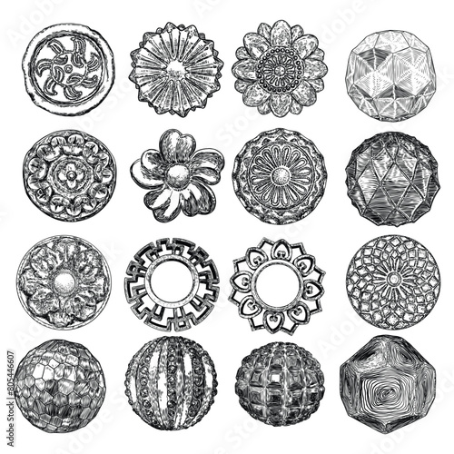Set of vintage style floral circular cast stone design elements. Marble rosettes drawing for fashionable pattern in black white for textile, scarves, backgrounds. Vector.