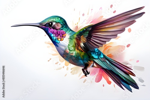 a watercolor depicting a hummingbird in flight with paint splatters on the backs of the bird's wings and a flower in the foreground. 