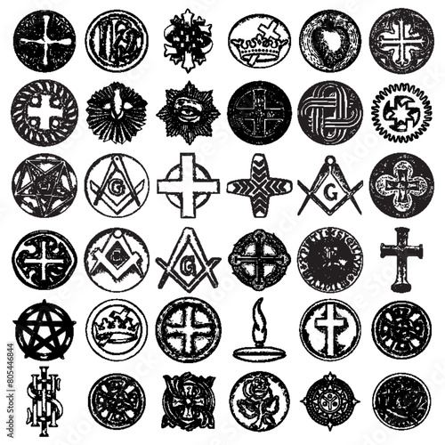 Large set of hand drawn religious symbols . Jesus Christ cross medallion, stone carving. Son of God crucifixion cross. Christian crown, sacred heart, IHS Ancient monogram, holy spirit. Vector. photo