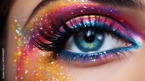 A close-up selfie of a person with colorful makeup and glitter eye shadow,