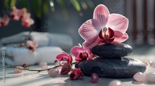 Tranquil spa setting with stacked stones  an orchid  and soft towels creating a peaceful and relaxing ambiance