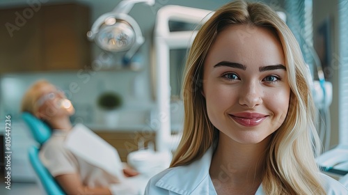 Professional portrait of a dentist: beauty and confidence. Caucasian young woman dentist in uniform smiling looking at the camera while in the dental office