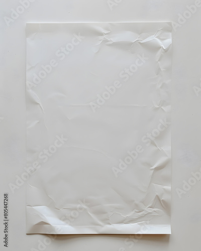 A crumpled white paper sleeve, a fashion accessory, is placed on a white rectangular linen surface. The transparency of the paper product contrasts with the natural material