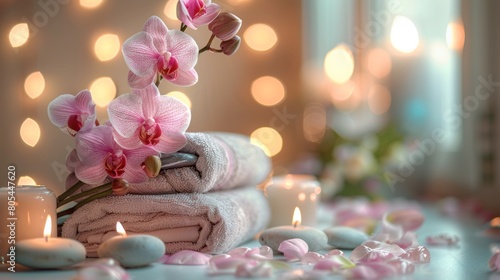 Serene spa setting with pink orchids and candles  capturing a peaceful ambiance for relaxation and wellness