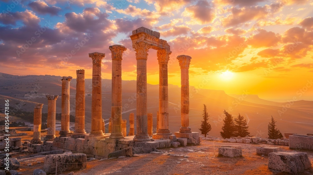 Fototapeta premium ancient columns of the old buildings of a Roman metropolis at sunset in high resolution and quality. concept antiques, rome, jordan, colosseum