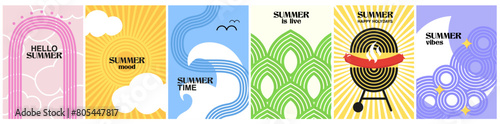 set summer abstract posters in minimal style. retro design wavy, sunny covers