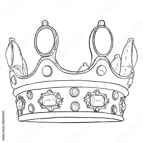Etching drawing of crown with jewels. King coronation coronet. Hand drawn vector illustration.