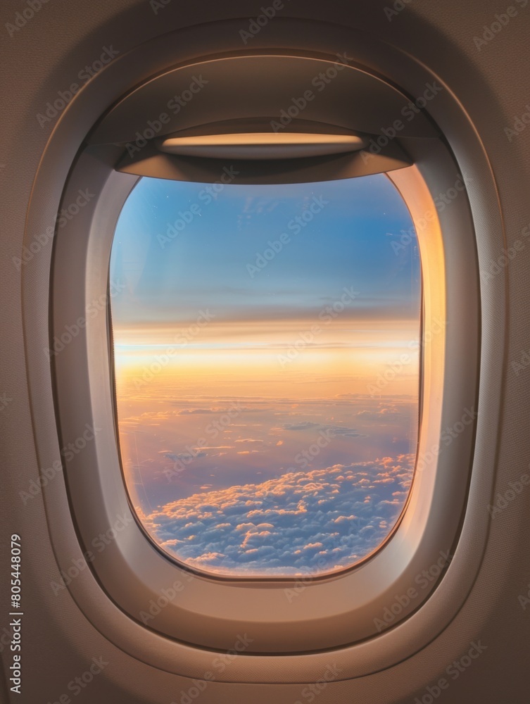 Airplane window. Beautiful view of sky and clouds through the aircraft window. Concept of travel and air transportation Airplane window. Beautiful view of sky and clouds through the aircraft window. Concept of travel and air transportation