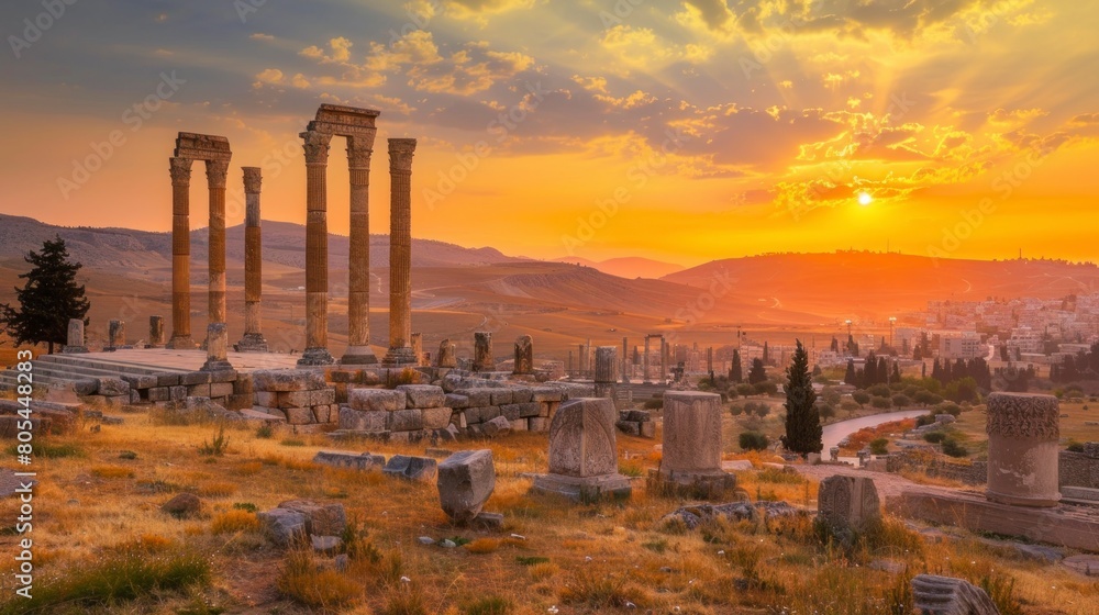 Obraz premium ancient columns of the old buildings of a Roman metropolis at sunset in high resolution and quality. antiquities concept, rome, jordan, colosseum, sunset, buildings