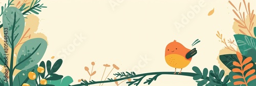 cute bird in spring forest cartoonish minimal banner print design, with blank empty space for mock up message background 