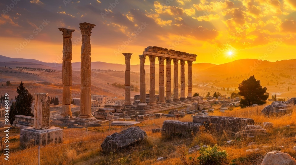 Fototapeta premium ancient columns of the old buildings of a Roman metropolis at sunset in high resolution and quality. antiquities concept, rome, jordan, colosseum, sunset, buildings, italy