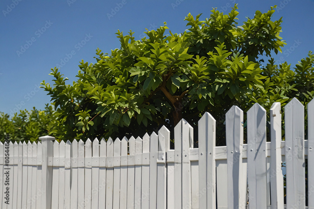 Beautiful decorative tree over a classic white picket fence, serene peaceful atmosphere, summer grafic background