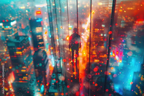 Close-up Cityscape Dreamy Cyberpunk Illustration with Person on Ledge