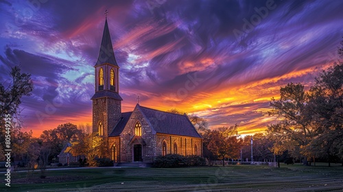 A serene church amidst a spectacular sunset, offering a sense of peace and wonder in a calming, spiritual atmosphere photo