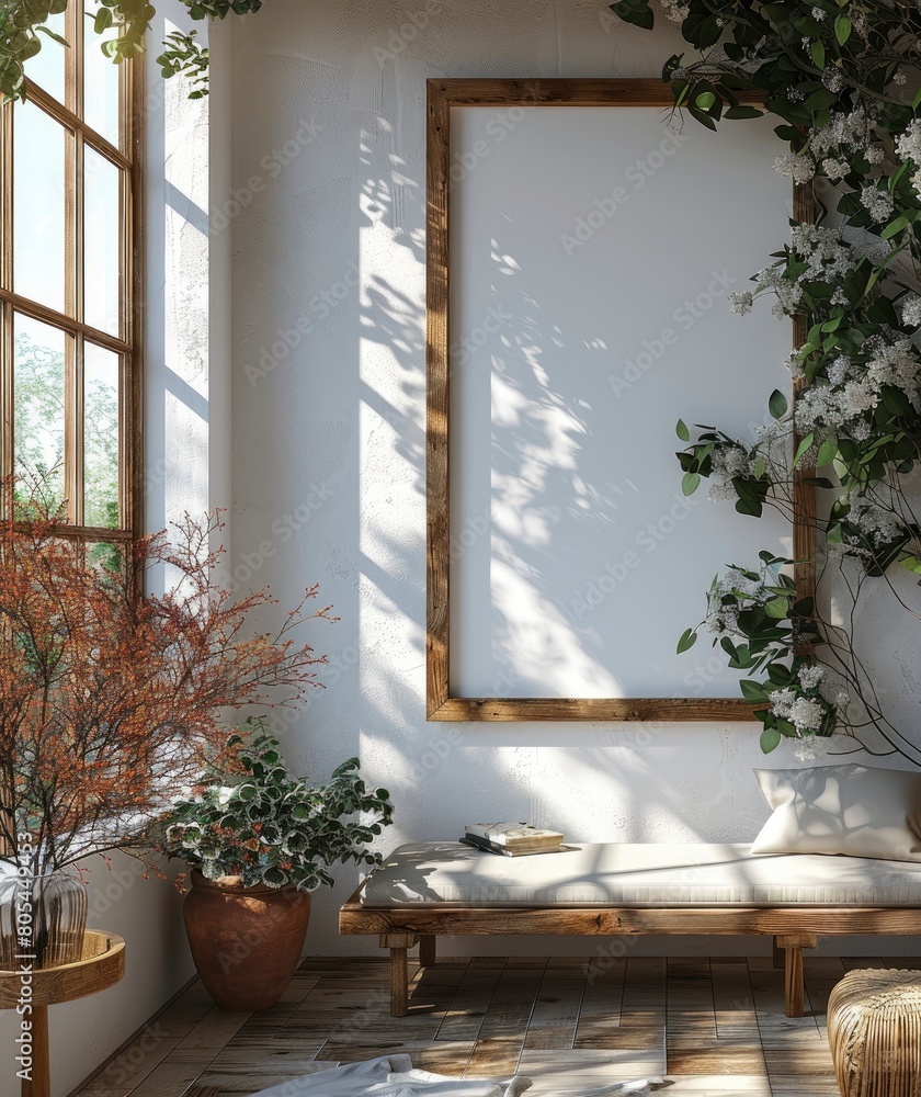 A wooden frame mockup on the wall, white background, window light shadows A wooden frame mockup on the wall, white background, window light shadows