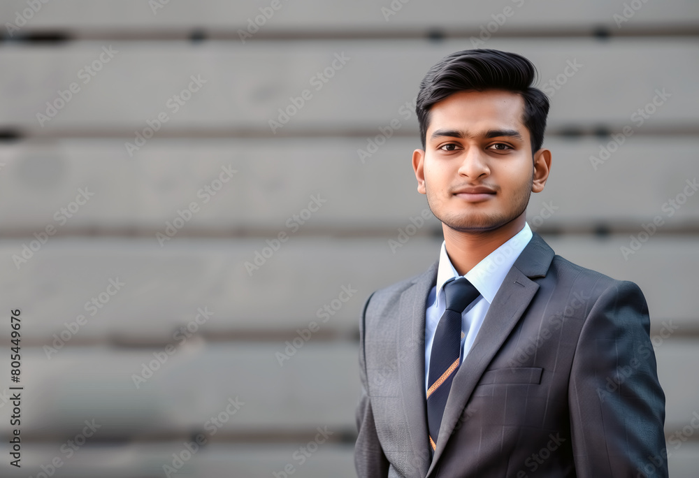 Indian young professional businessman in grey suit isolated copy space Indian young professional businessman in grey suit isolated copy space