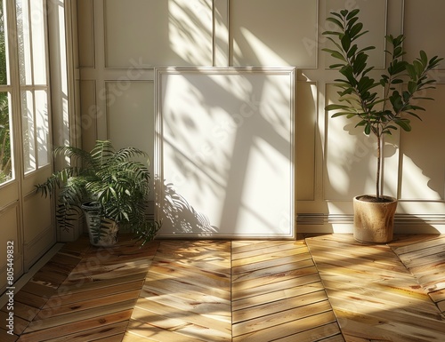 A mockup of an empty black frame on the floor, resting against a wooden parquet flooring. The glass surface reflects light and shadows