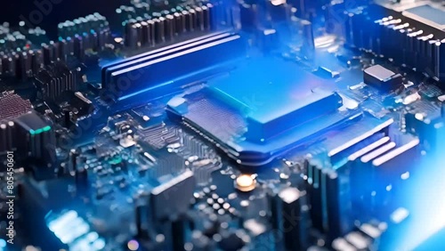 Concept animation shows the process of turning on the CPU in the motherboard. Digital pulses and signals from the chip propagate through the motherboard photo