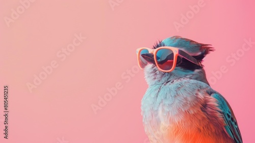 A stylish bird wearing glasses on pink background. Animal wearing sunglasses