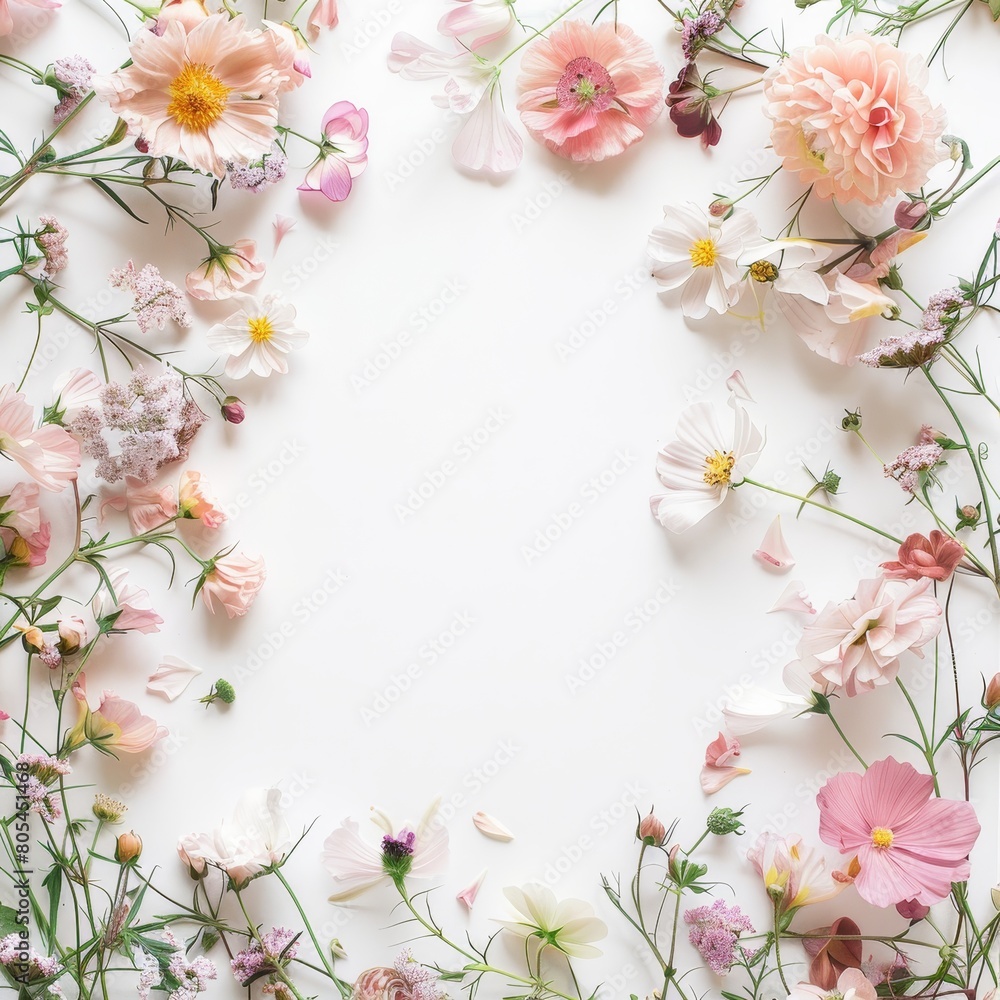 A flatlay arrangement of delicate pink and white flowers on a white background. Ideal for feminine designs, wedding invitations, and branding projects.