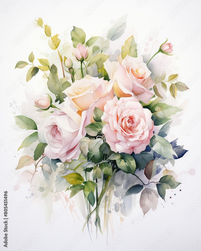 Rose wedding bouquet in watercolor, soft pastel blooms overlaid with vibrant green leaves, portraying organic spontaneity ,  watercolor painting