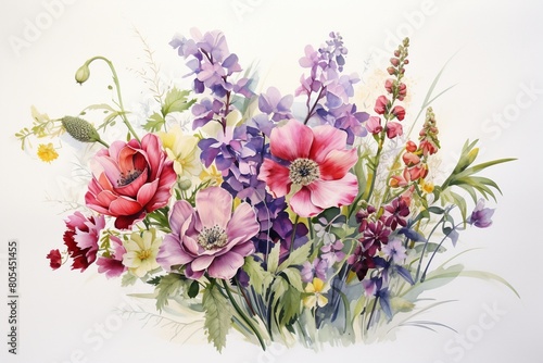 Delicate watercolor of a vibrant summer bouquet, including scabiosa and snapdragons, painted in gentle pastels on a pristine white canvas ,  against pur white background photo