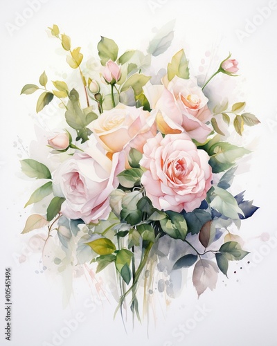 Rose wedding bouquet in watercolor, soft pastel blooms overlaid with vibrant green leaves, portraying organic spontaneity , watercolor painting