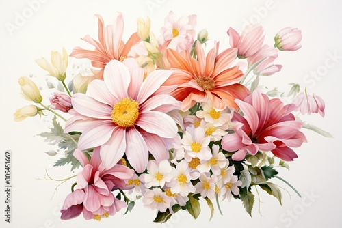 Watercolor depiction of friendship flowers, including freesias and asters, with soft red hues and vibrant greens, against a white background , fresh and clean look