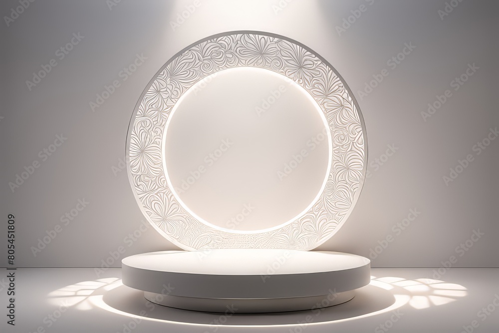 Large circular podium showcases product presentation bathed in soft ambient lighting, casts soft shadows against a stark white background, light source creating a glow around the pedestal. Large circular podium showcases product presentation bathed in soft ambient lighting, casts soft shadows against a stark white background, light source creating a glow around the pedestal.