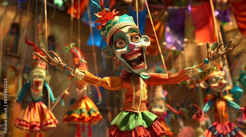 Fototapeta premium Vibrant and Joyful Marionette Performance in a Captivating Carnival or Festival with Expressive Storytelling and a Kaleidoscopic Color Scheme