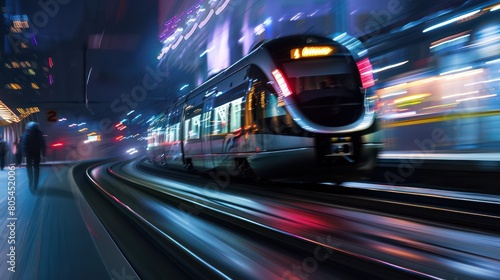 a city train in motion, creating a blurred effect, illustrating speed and urban life