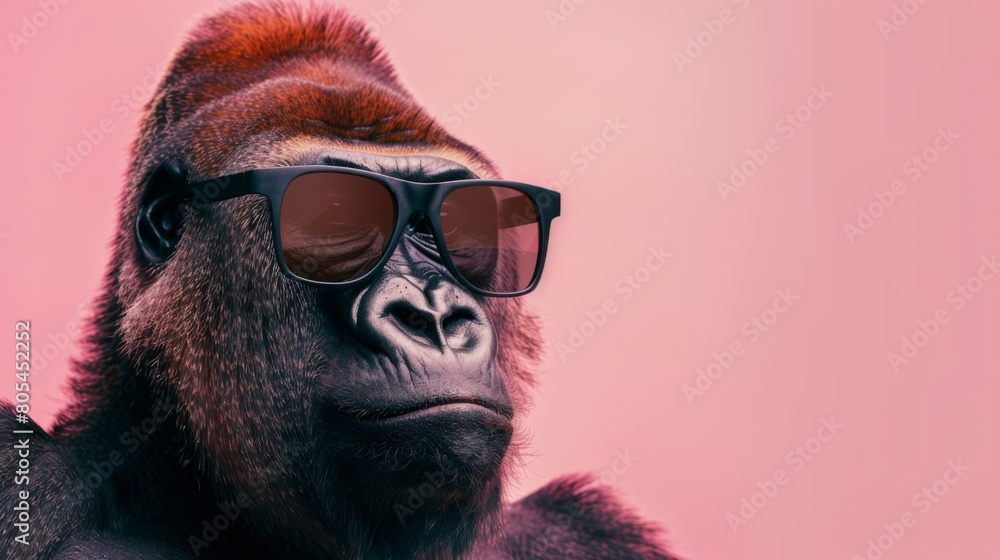 A stylish gorilla wearing glasses on pink background. Animal wearing sunglasses A stylish gorilla wearing glasses on pink background. Animal wearing sunglasses