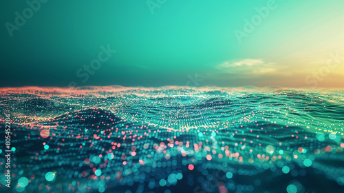 Abstract digital art with glowing cyber particles over a gradient of ocean blues and greens.