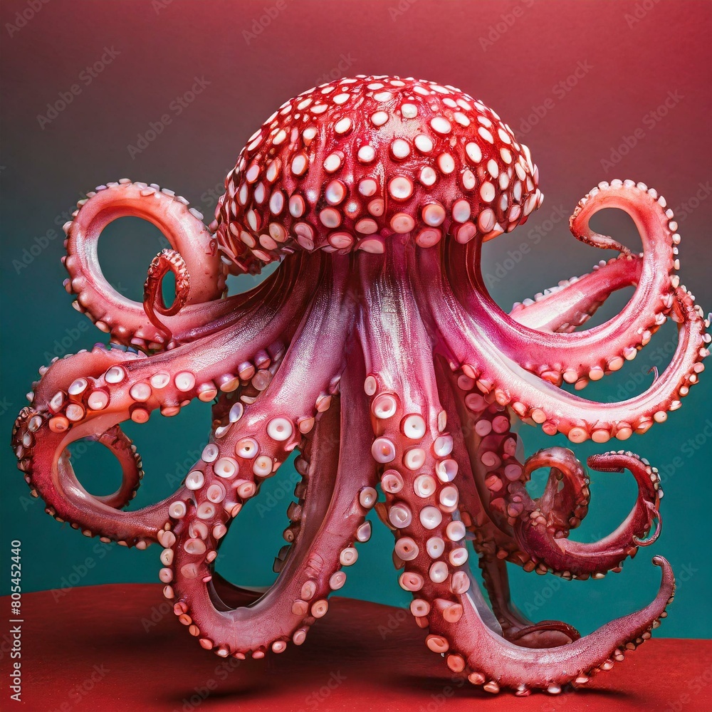 Obraz premium octopus.a lively and imaginative depiction of a pink octopus against a vivid red studio backdrop, highlighting the creature's graceful movements and whimsical personality. The composition employs bold