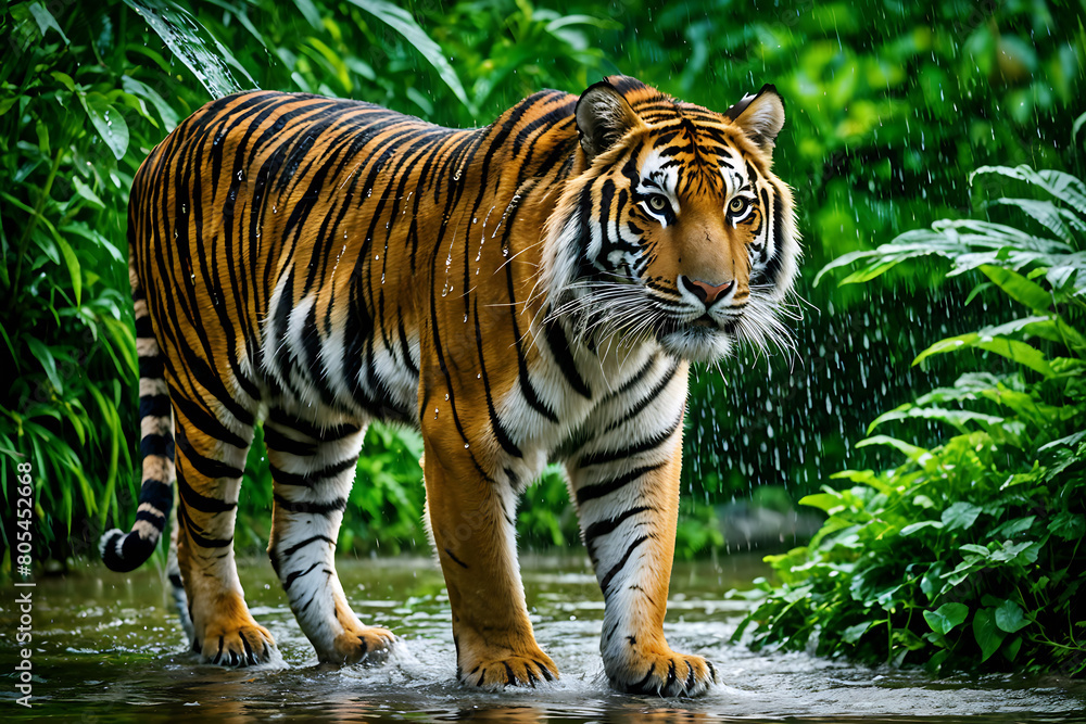 Obraz premium a tiger in the rain Generative AI
