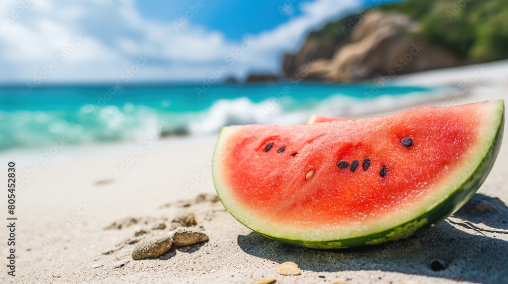 Watermelon slice resting on sandy beach Watermelon slice resting on sandy beach